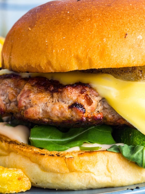 Hamburger background Macro Fresh vegetables and grilled meat in bread roll