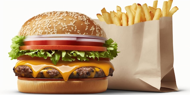 A hamburger and a bag of fries are next to it.