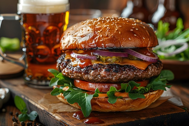 Hamburger and beer on wooden cutting board fast food and barware staples