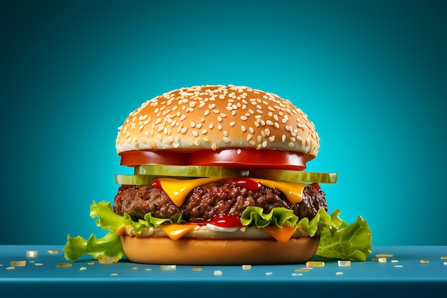 Hamburger on a blue background 3D Rendering
