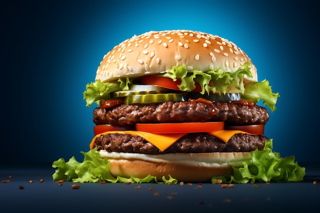 Hamburger on a blue background 3D Rendering