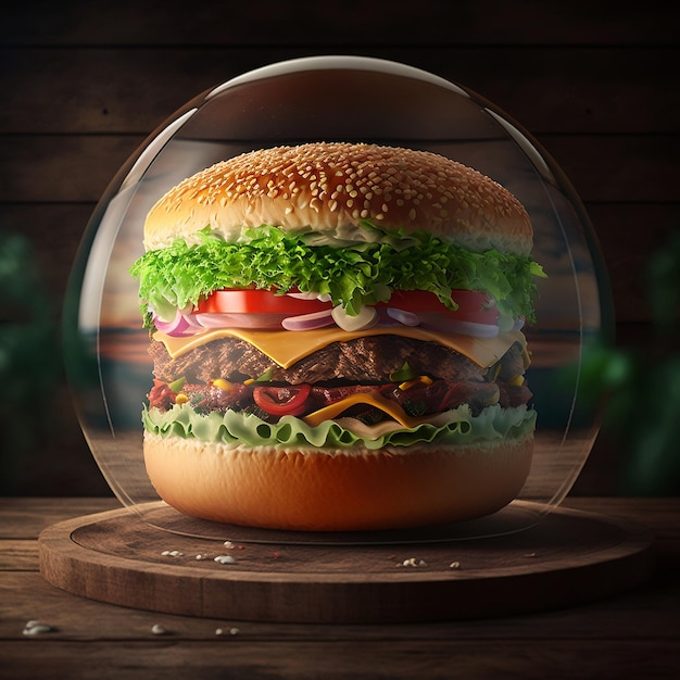 A hamburger in a bowl with a glass bowl on the table.