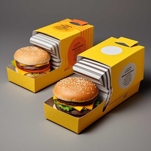 Foto hamburger in una scatola su uno sfondo rosso rendering 3d