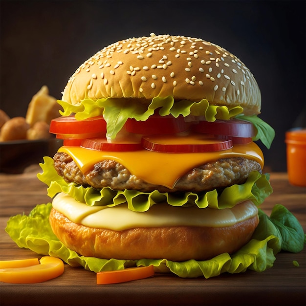 Hamburger burger with beef red onion tomato