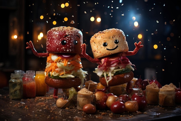 An hamburger character sausages dancing illustration generative ai