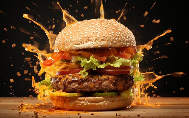 Взрыв гамбургера или чизбургера на деревянном столе, фотография еды
