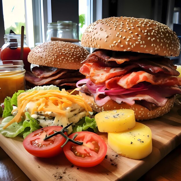 Foto hamburger cheeseburger kip burger burger met sla kaas spek augurk tomatensaus uien houten bord groenten rijk versierd