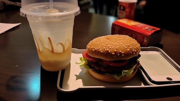 a hamburger and a container of a drink are on a table.