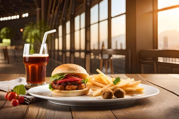 A hamburger and a cup of beer sit on a table in front of a window.