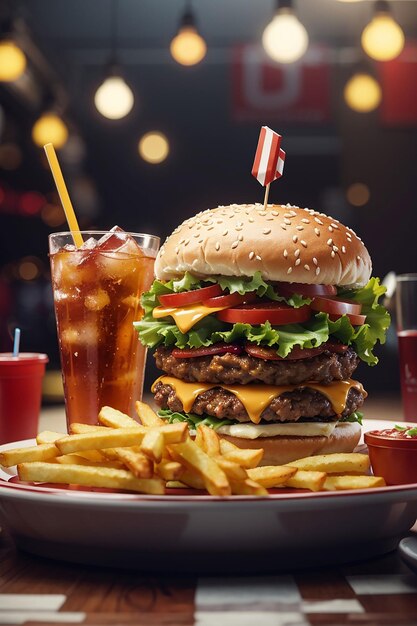 A hamburger and a cup of juice are on a table