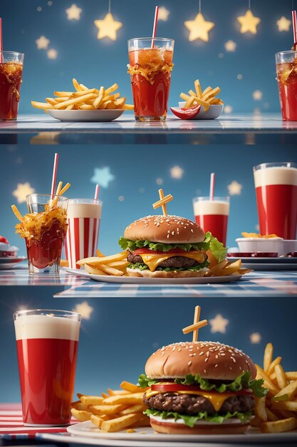 A hamburger and a cup of juice are on a table