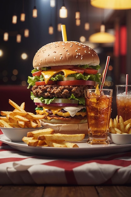 Photo a hamburger and a cup of juice are on a table