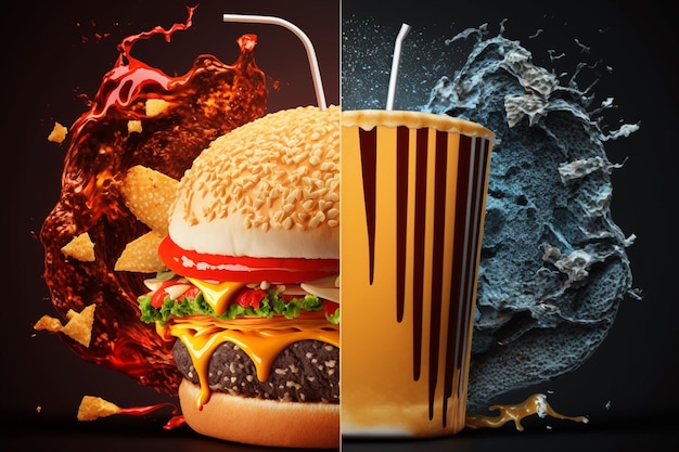 A hamburger and a cup of liquid are on a black background.