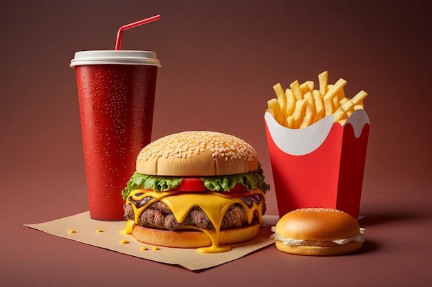 A hamburger and a cup of soda sit on a table.