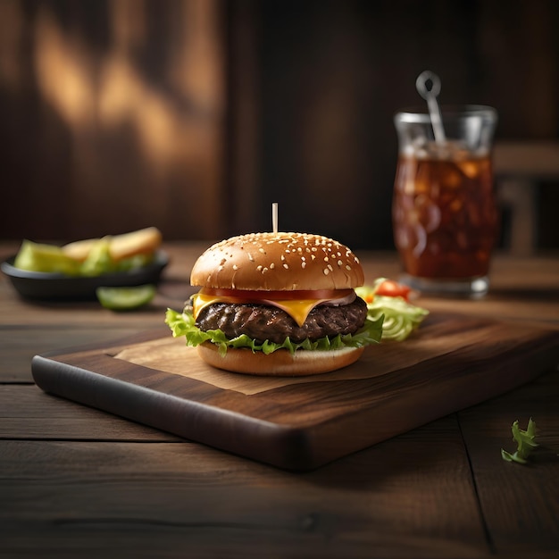 a hamburger on a cutting board with a drink in the background