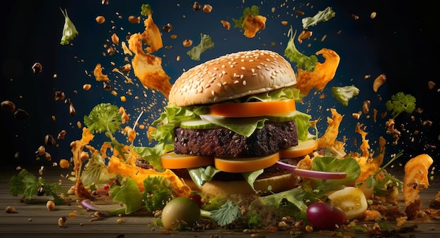 Hamburger display with vegetables and sauce drop from the top and splashes