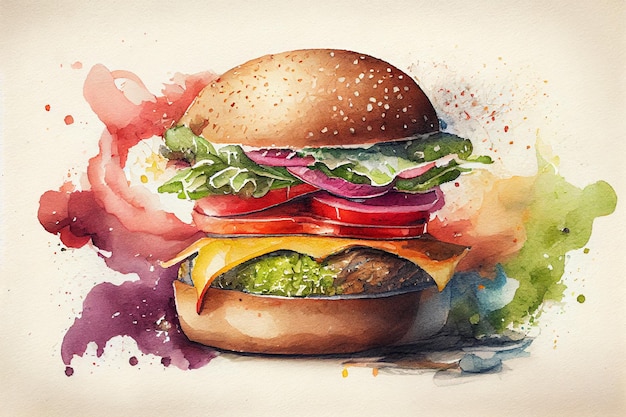 Photo hamburger drawing with bit of watercolour generative ai