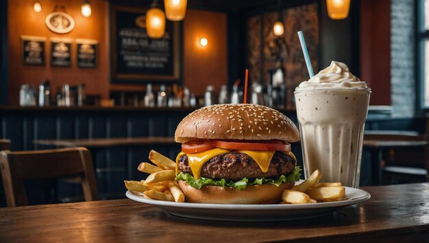 a hamburger and a drink are on a table in a bar