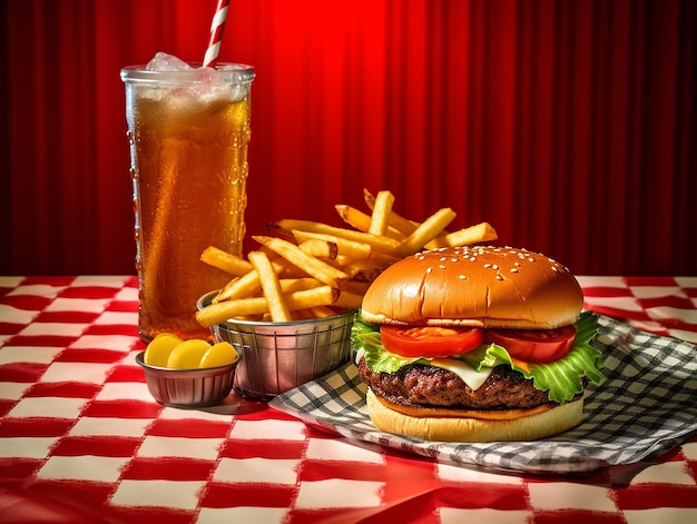 a hamburger and a drink on a table with a red and white checkered tablecloth.