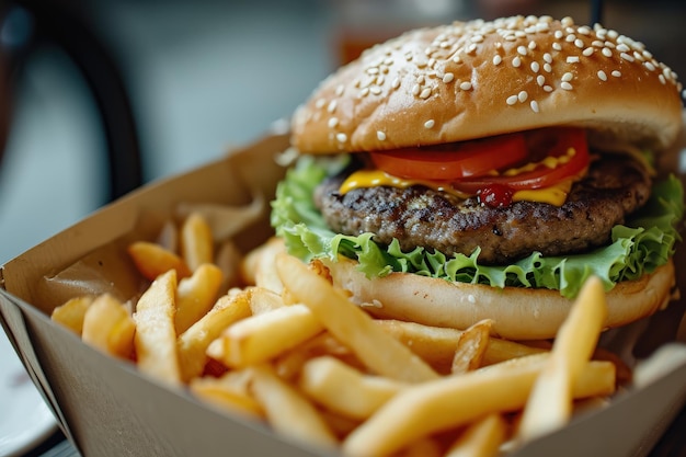 Hamburger en frietjes in een doos