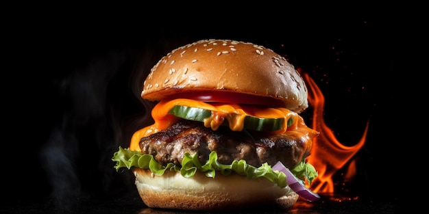 Hamburger en vuur zwarte achtergrond