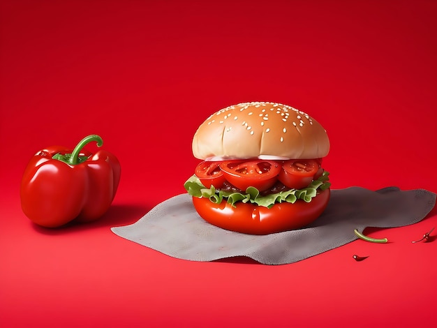A Hamburger Fast Food With The Red Background