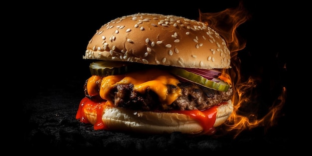 Hamburger and fire black background