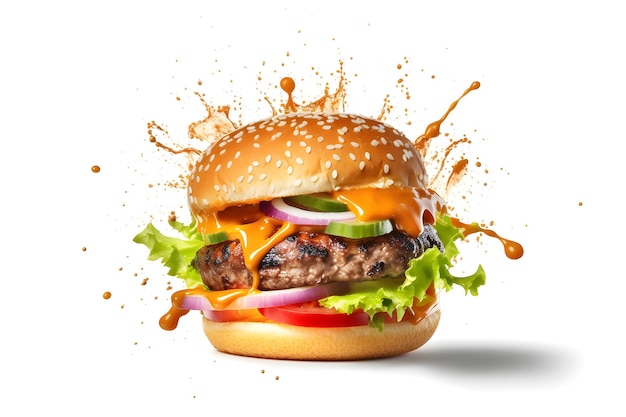 hamburger flying on white background Neural network generated in May 2023 Not based on any actual scene or pattern
