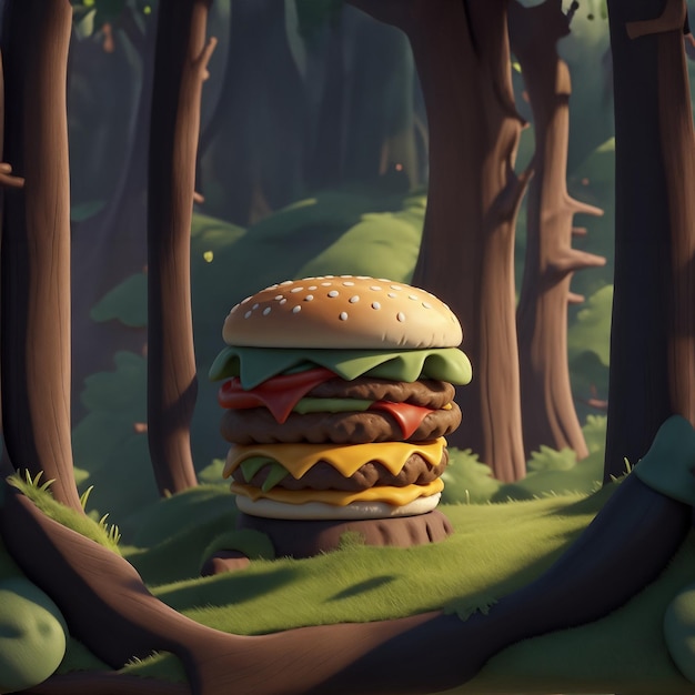 Hamburger in the forest 3d illustration 3d rendering