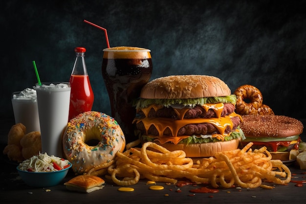 A hamburger and french fries are surrounded by a pile of junk food.