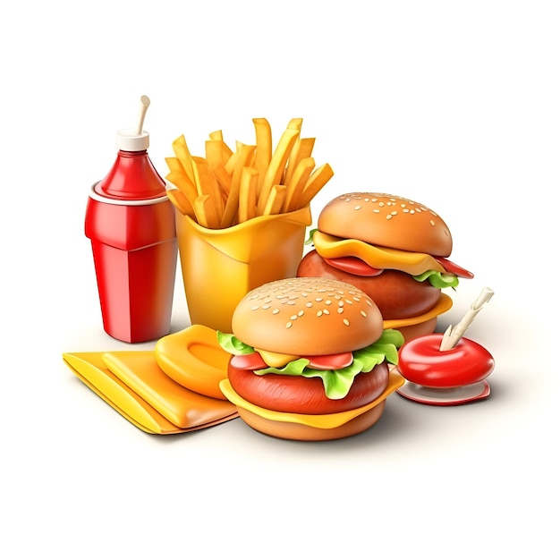 Hamburger and french fries isolated on white background 3d illustration