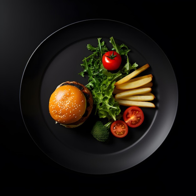 Hamburger and French fries on the plate restaurant style photo top view