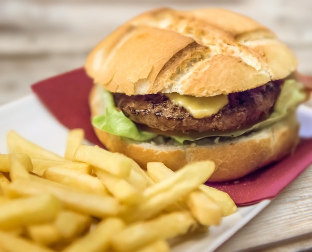 Hamburger and French fries in a plate