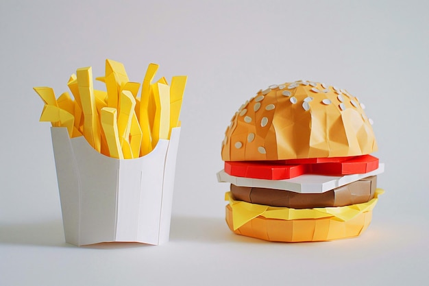 Hamburger and fried potatoes made of paper Advertising photography Junk food Artificial fast food