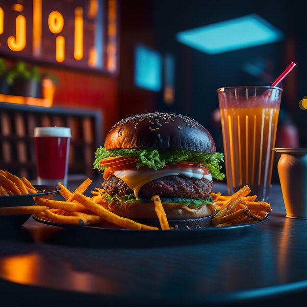 A hamburger and fries are on a table in front of a glass with a red sign that says 1.