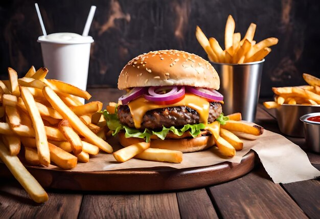 a hamburger and fries are on a table with a cup of soda