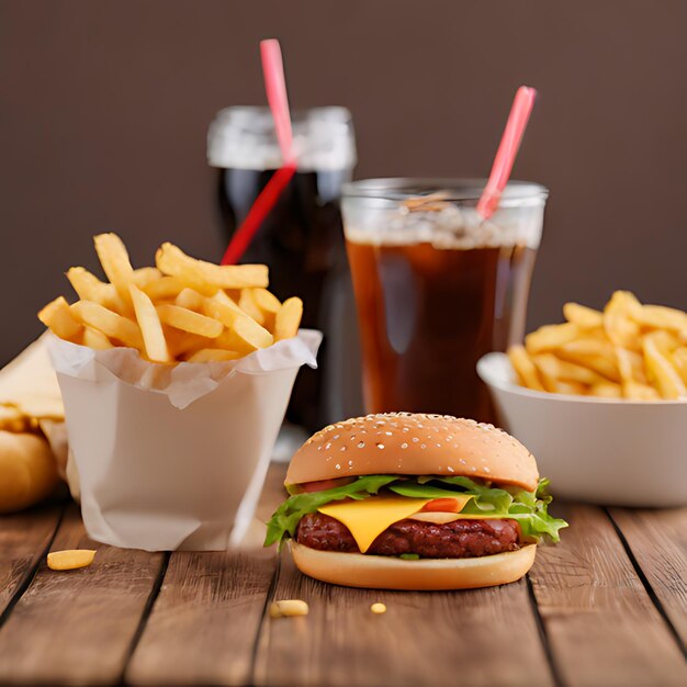 a hamburger and fries are on a table with a drink and a soda