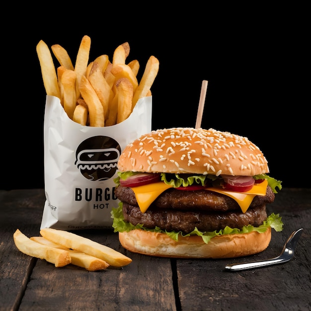 a hamburger and fries are on a wooden table