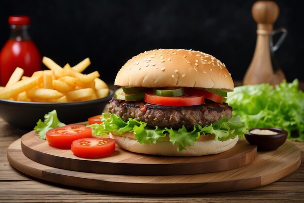 Photo a hamburger and fries are on a wooden tray