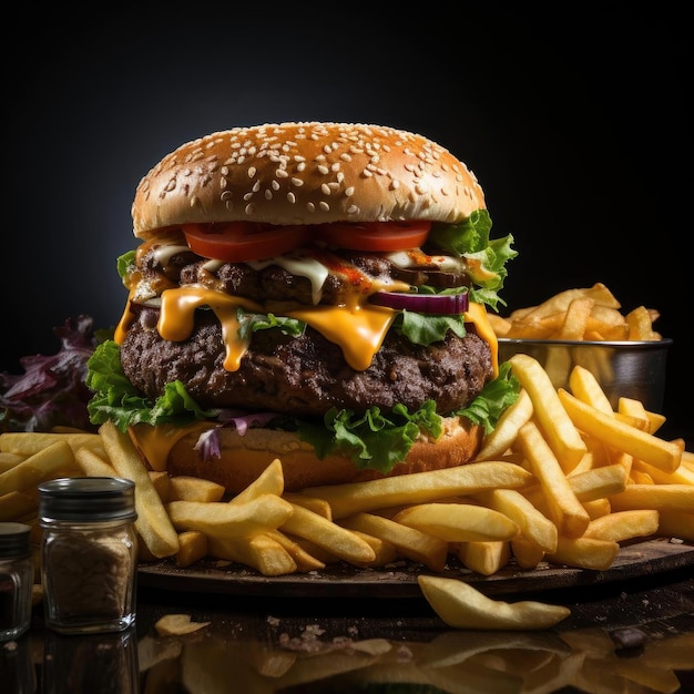 Hamburger and fries on a black table