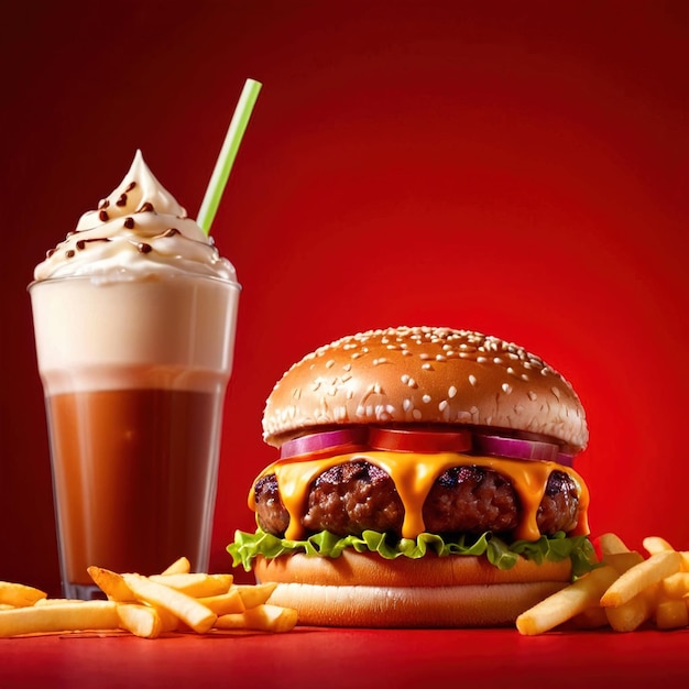 Photo hamburger and fries fast food meal with milkshake