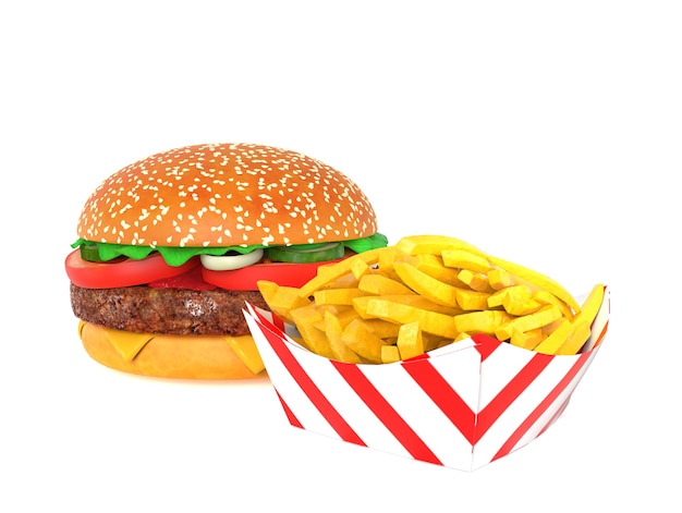 Hamburger and fries isolated on white