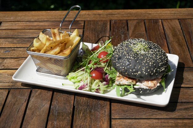 Hamburger and fries on a table