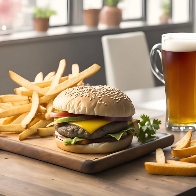 Hamburger and fries with a glass of beer