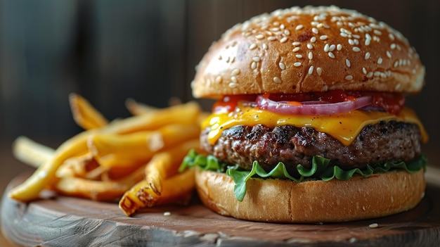 Hamburger and Fries on Wooden Table