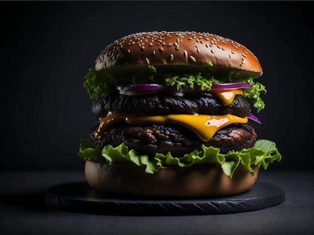 Hamburger front view Delicious meat burger with cheese and salad on dark background Generative AI