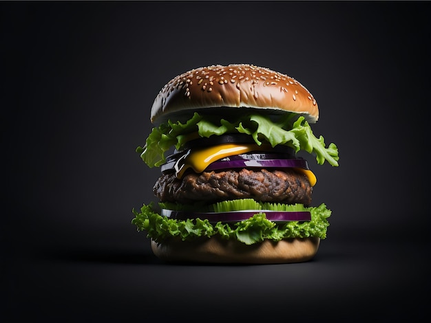 ハンバーガー フロントビュー チーズとサラダの美味しい肉のハンバーガー 暗い背景に生成的なAI