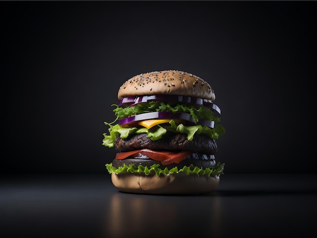 Фронтовый вид гамбургера вкусный мясный гамбургер с сыром и салатом на темном фоне Генеративный ИИ