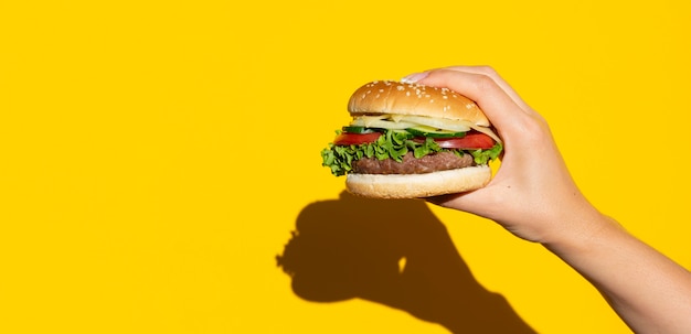 Hamburger in front of yellow background