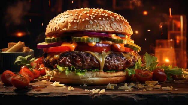 hamburger full of meat and vegetables and melted mayonnaise on a wooden table and blurred background